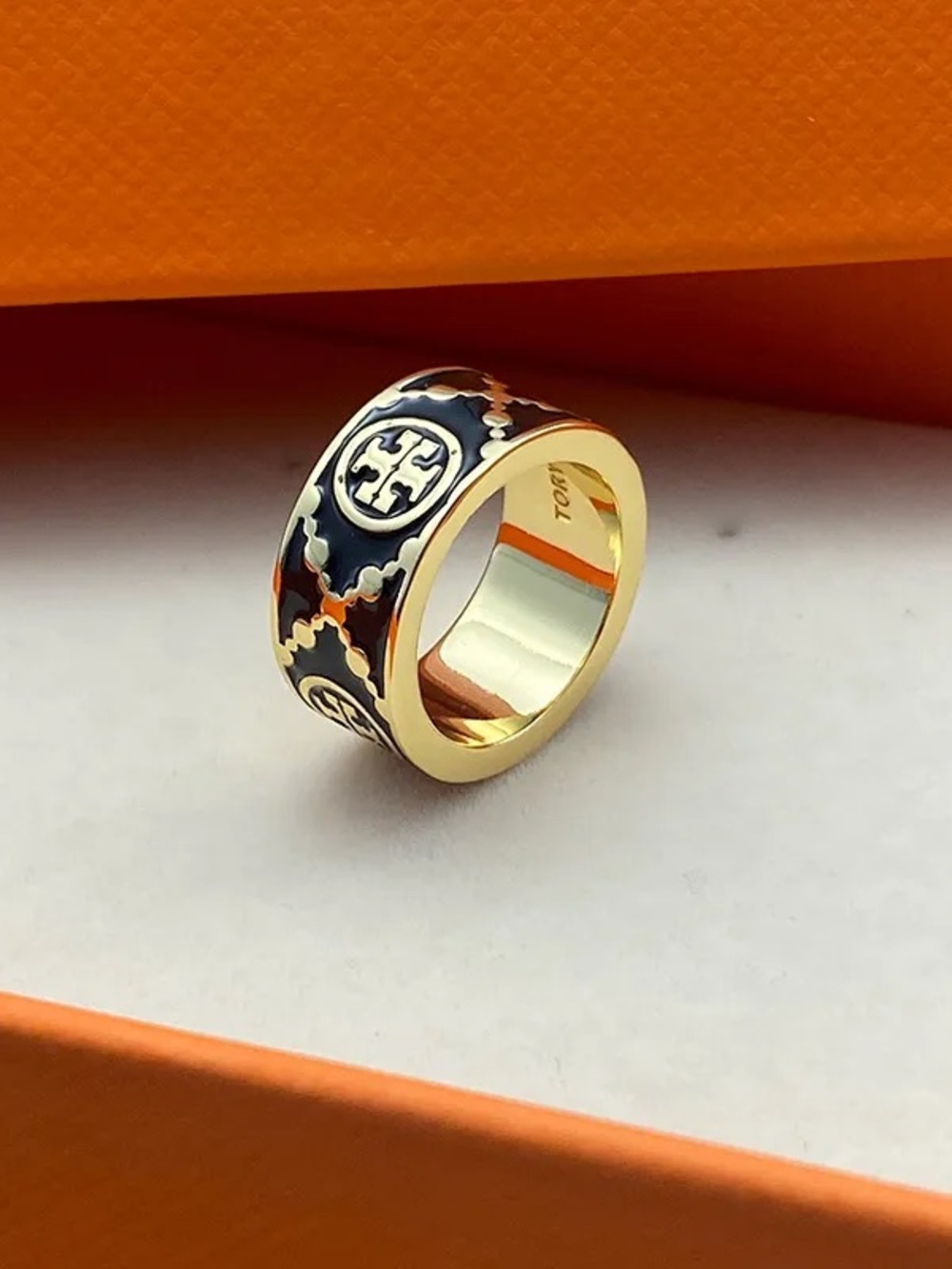 Tory Burch Gold and Black Enamel Logo Band Ring